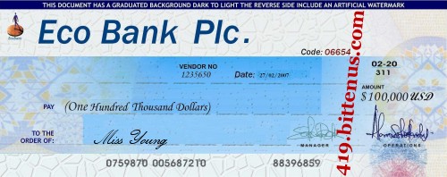 Eco Bank Plc, $100,000